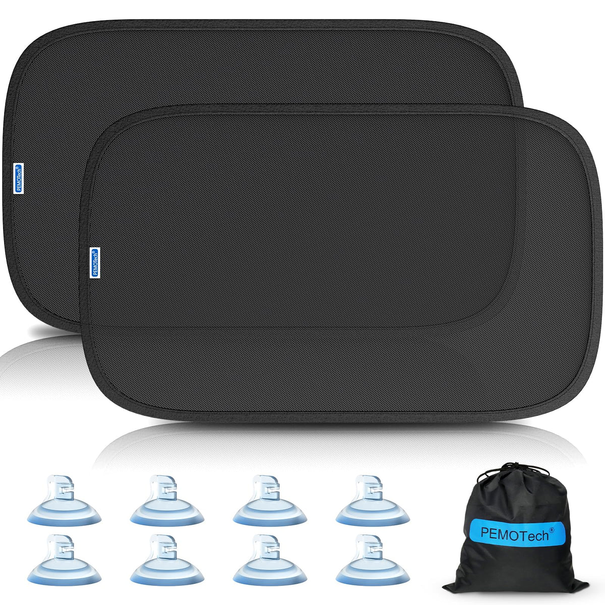PEMOTech baby shade with eight suction cups on a car window.