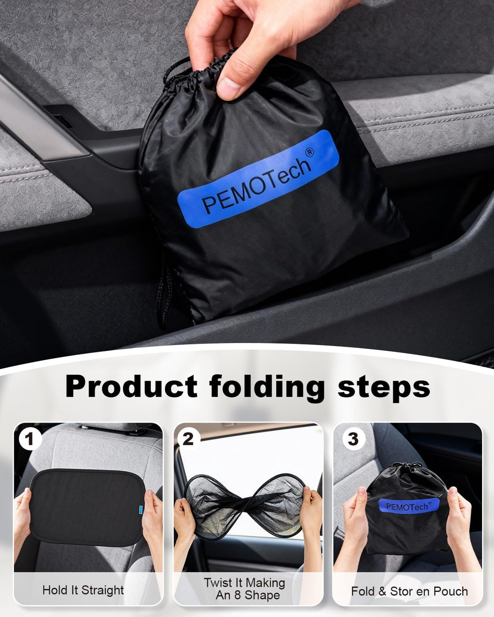 Compact pouch stores shade in seconds for travel.
