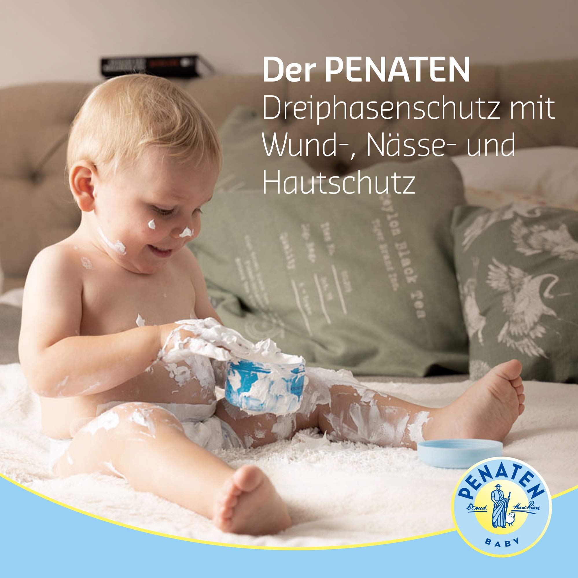 Penaten Baby Creme application on baby skin demonstrates smooth barrier protection.