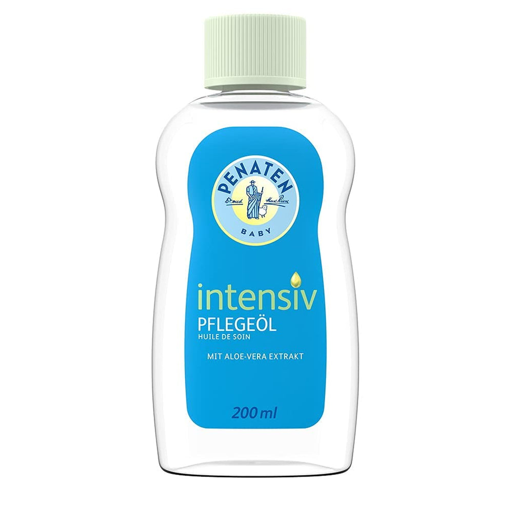 Penaten Baby Oil bottle shows gentle, fast-absorbing hydration for dry skin