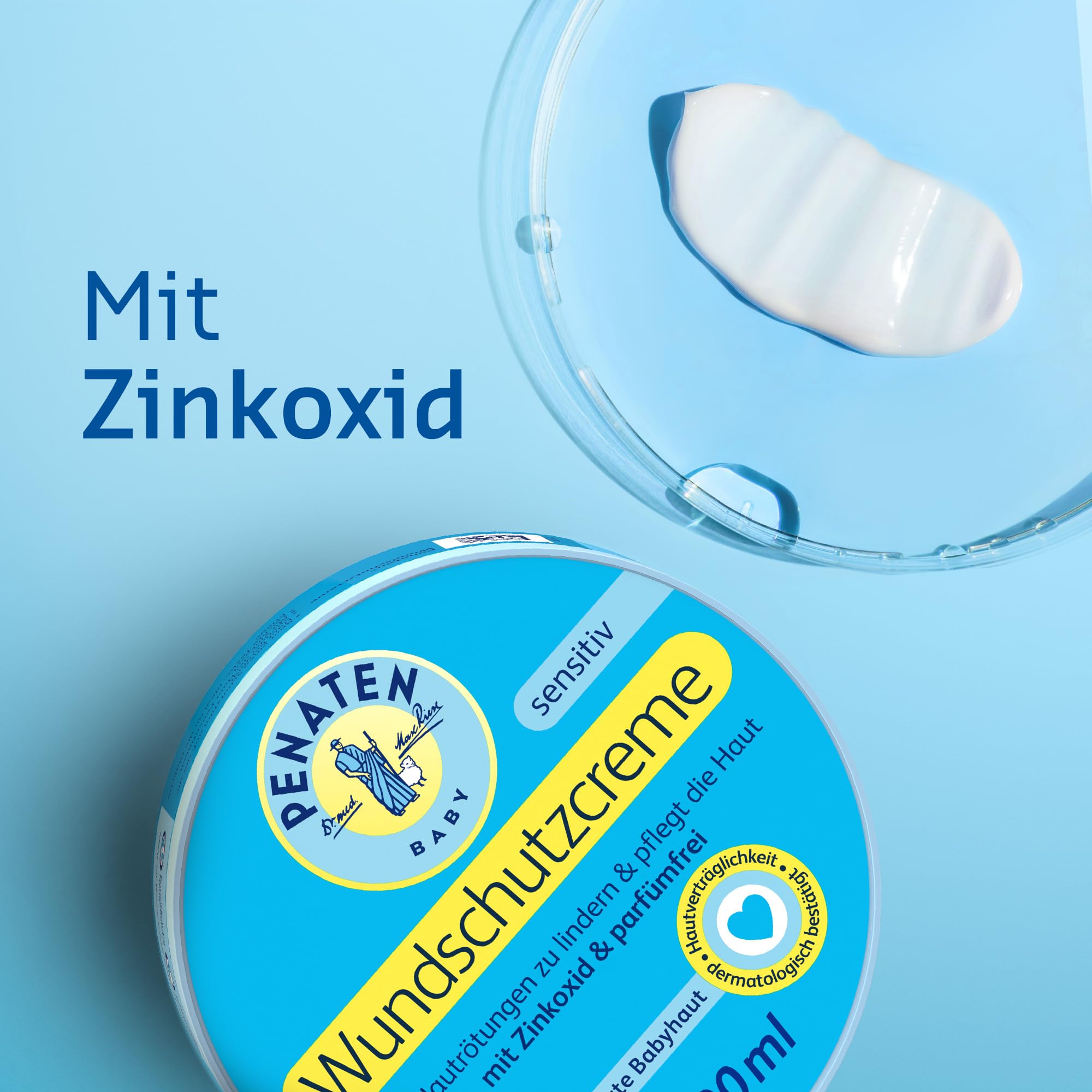 Penaten zinc-oxide protection film on skin offers instant soothing barrier.