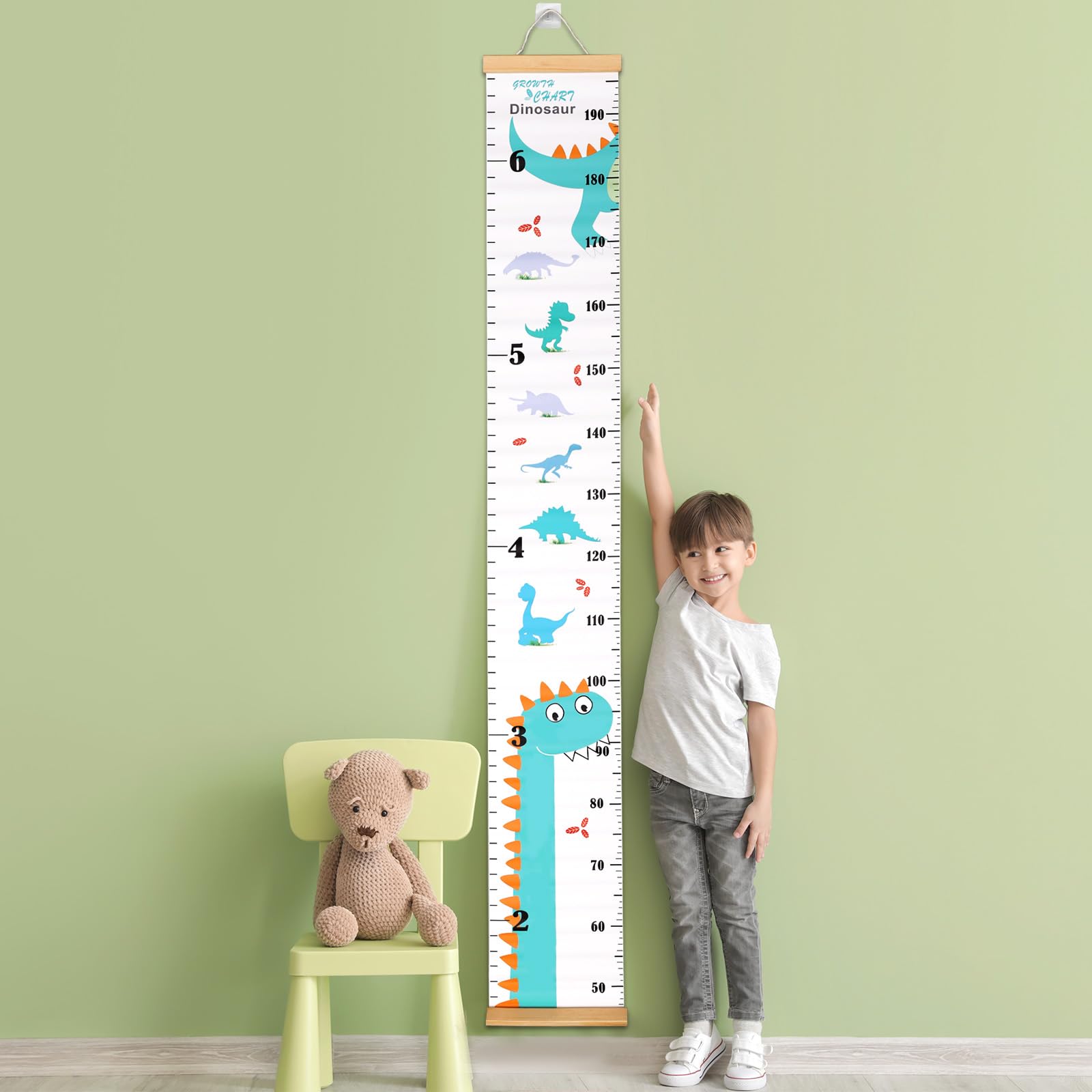 Penitue blue dinosaur growth chart doubles as nursery decor in playrooms and bedrooms.