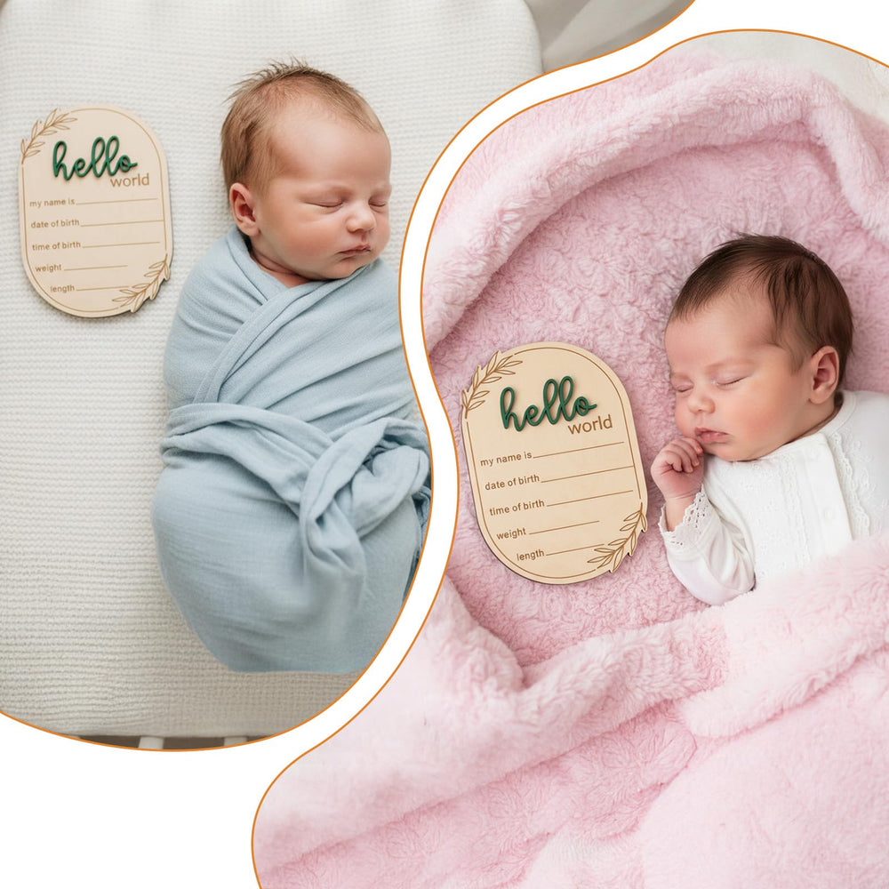 PEOVLVN hello-world-sign used as a photo prop to capture newborn moments.