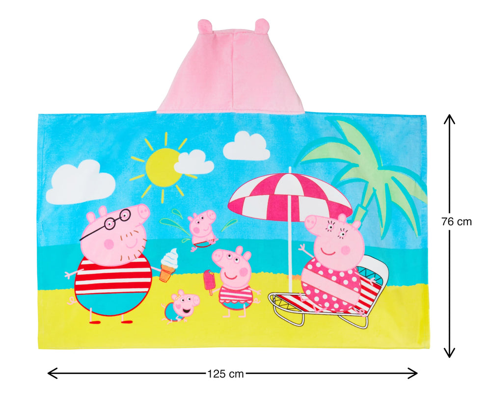 Peppa Pig hooded towel on a sunny beach scene for drying