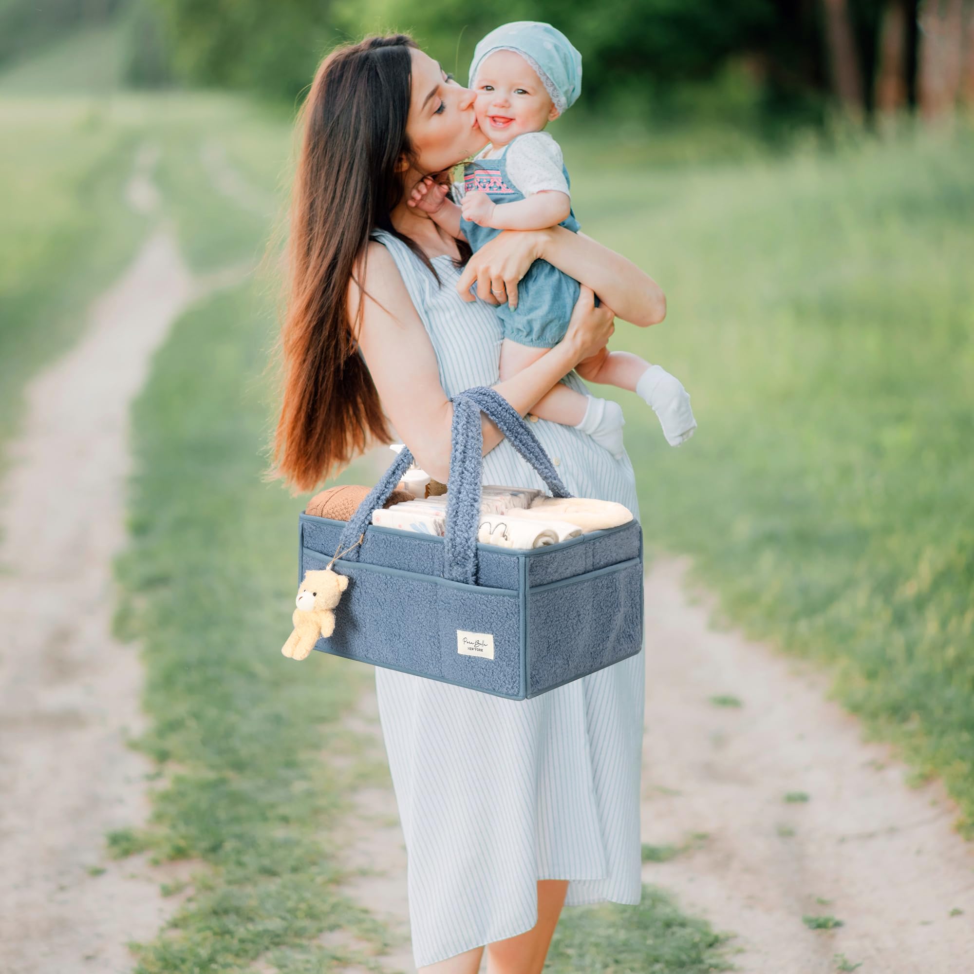 PeraBella compact baby caddy fits on changing table or car seat area.