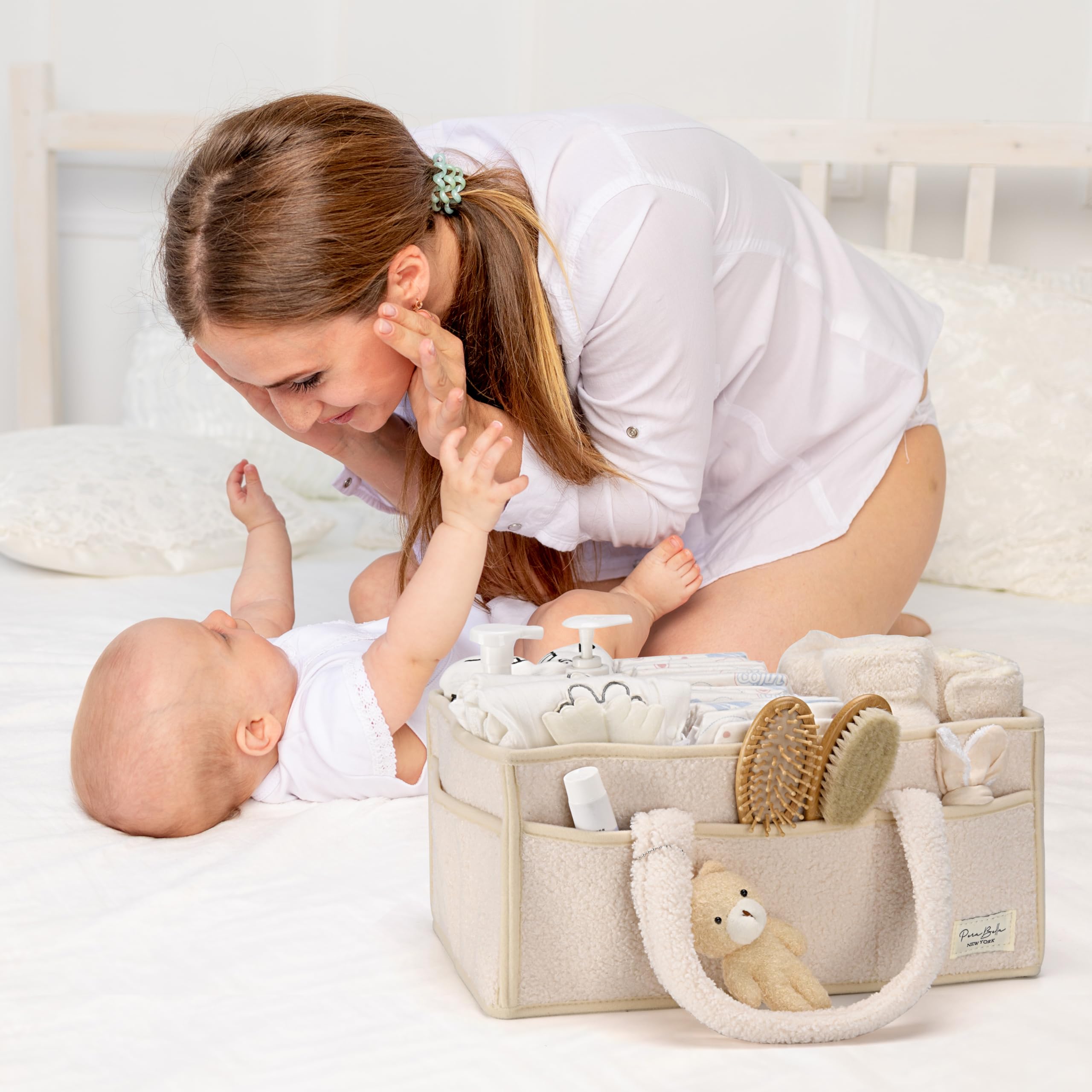 PeraBella baby caddy with plush sherpa exterior for cozy nursery storage.
