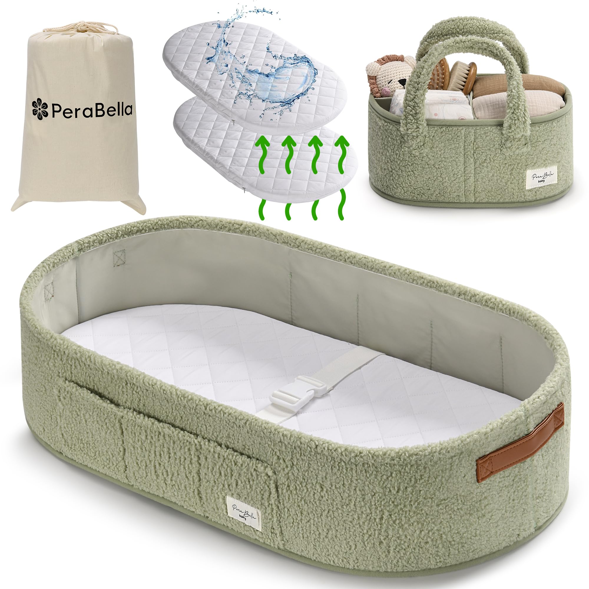 PeraBella Cozy Teddy Green changing basket for portable diaper changes and cozy sleep space.