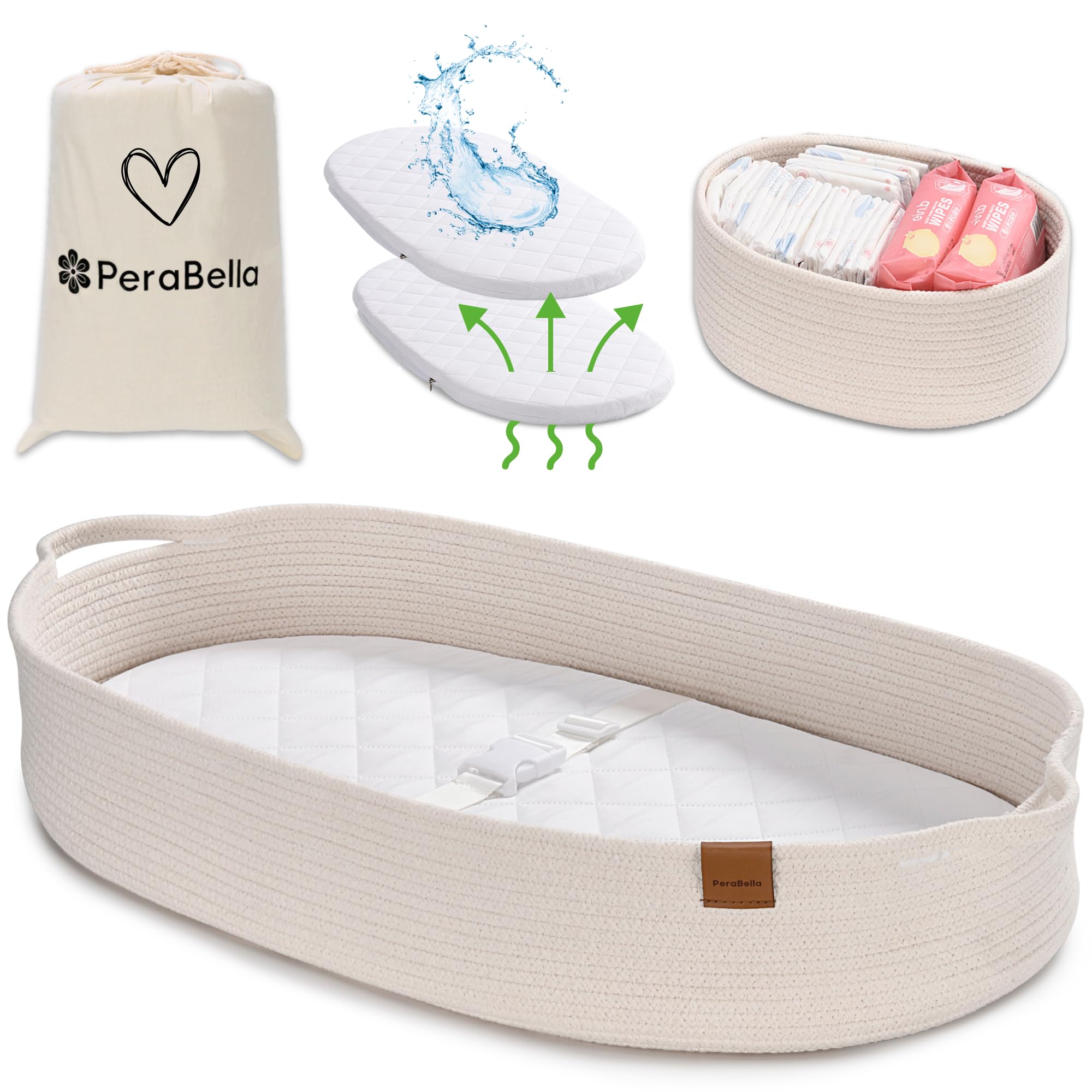 Perabella baby changing basket on dresser, ideal for quick diaper changes.