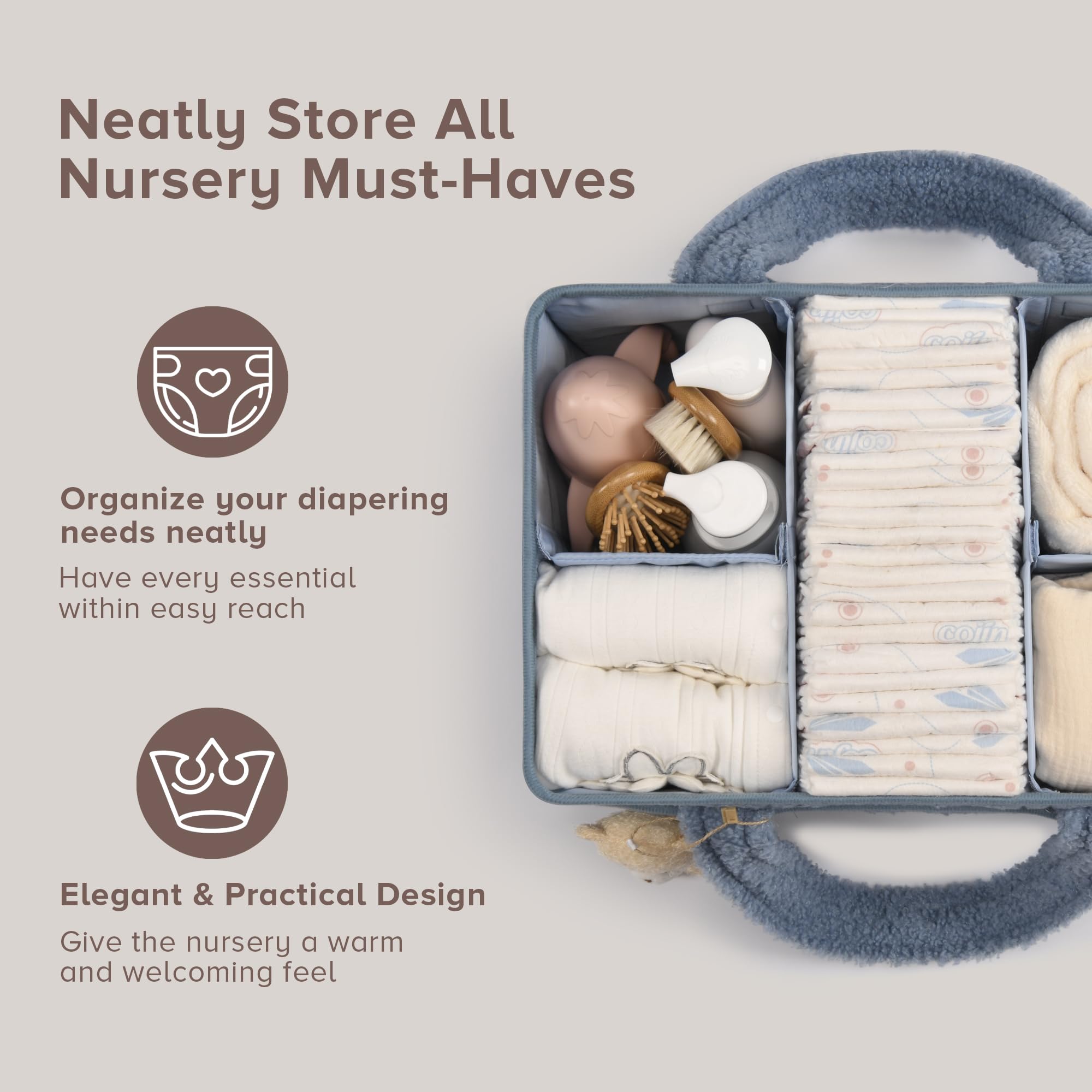 PeraBella diaper caddy with removable dividers for flexible organization.