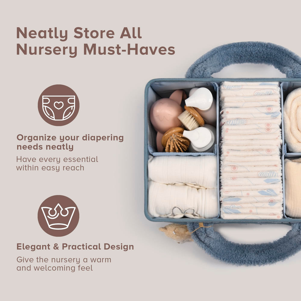 PeraBella diaper caddy with removable dividers for flexible organization.