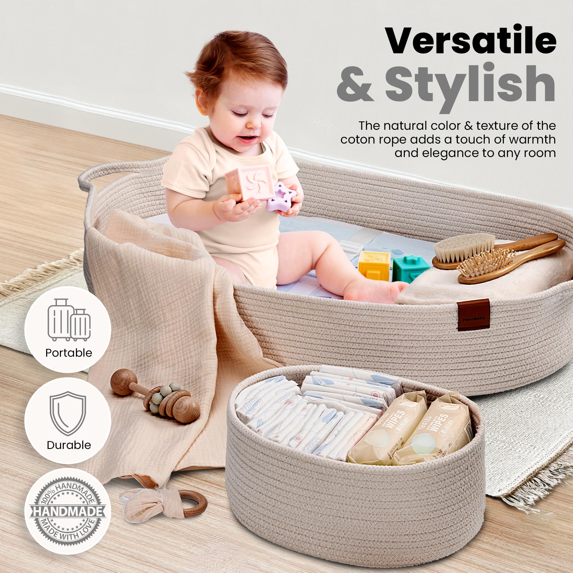 Perabella diaper basket as travel companion, fits hotel setups.