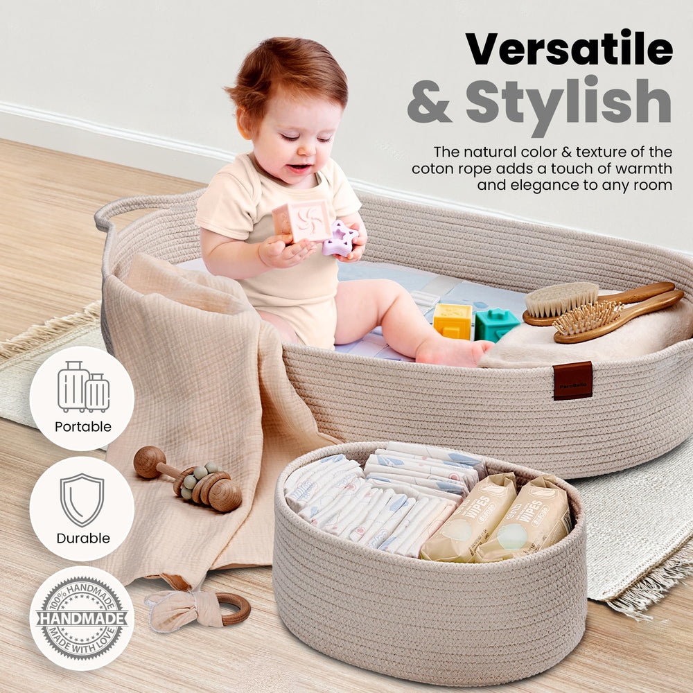 Perabella diaper basket as travel companion, fits hotel setups.