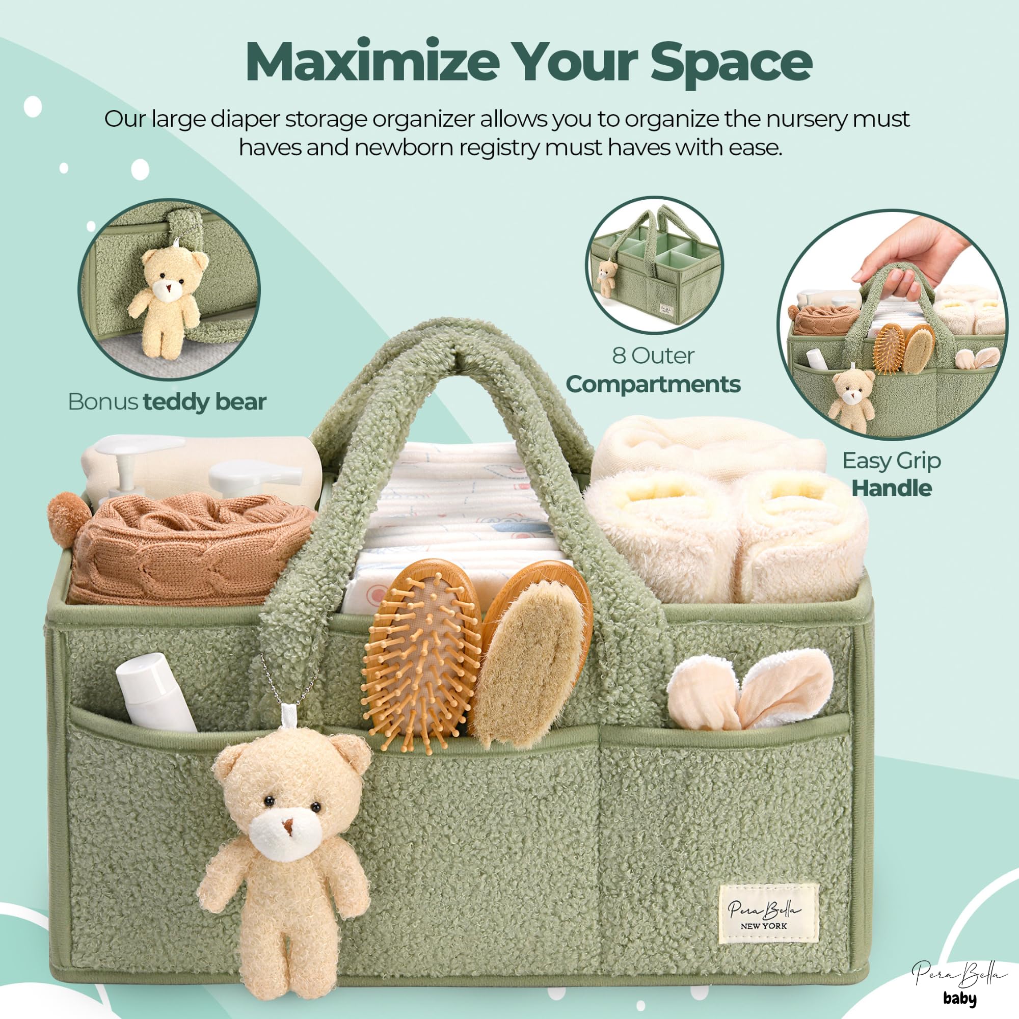 Perabella changing table organizer with multiple compartments for essentials.