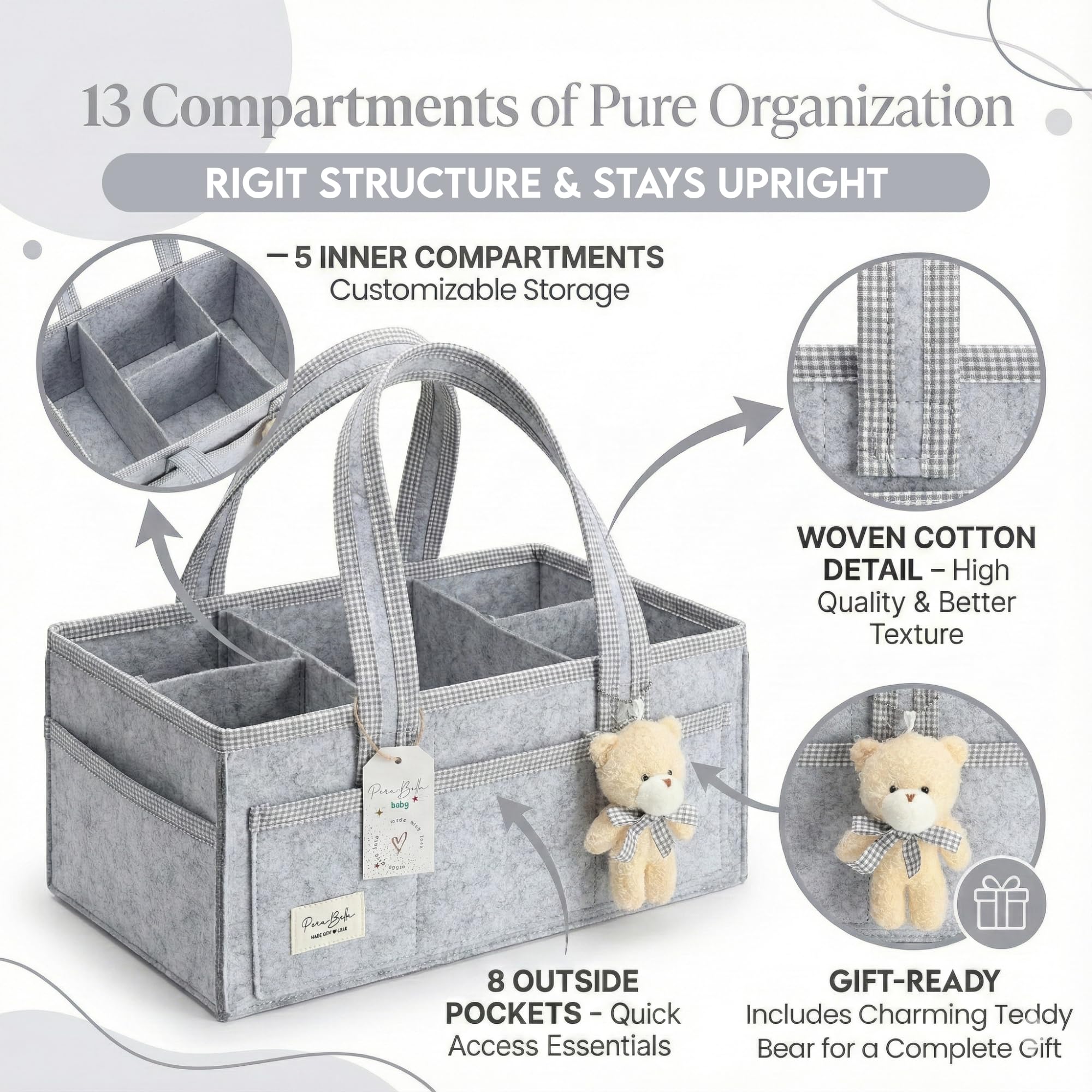 PeraBella diaper caddy showing eight outer pockets for essentials.