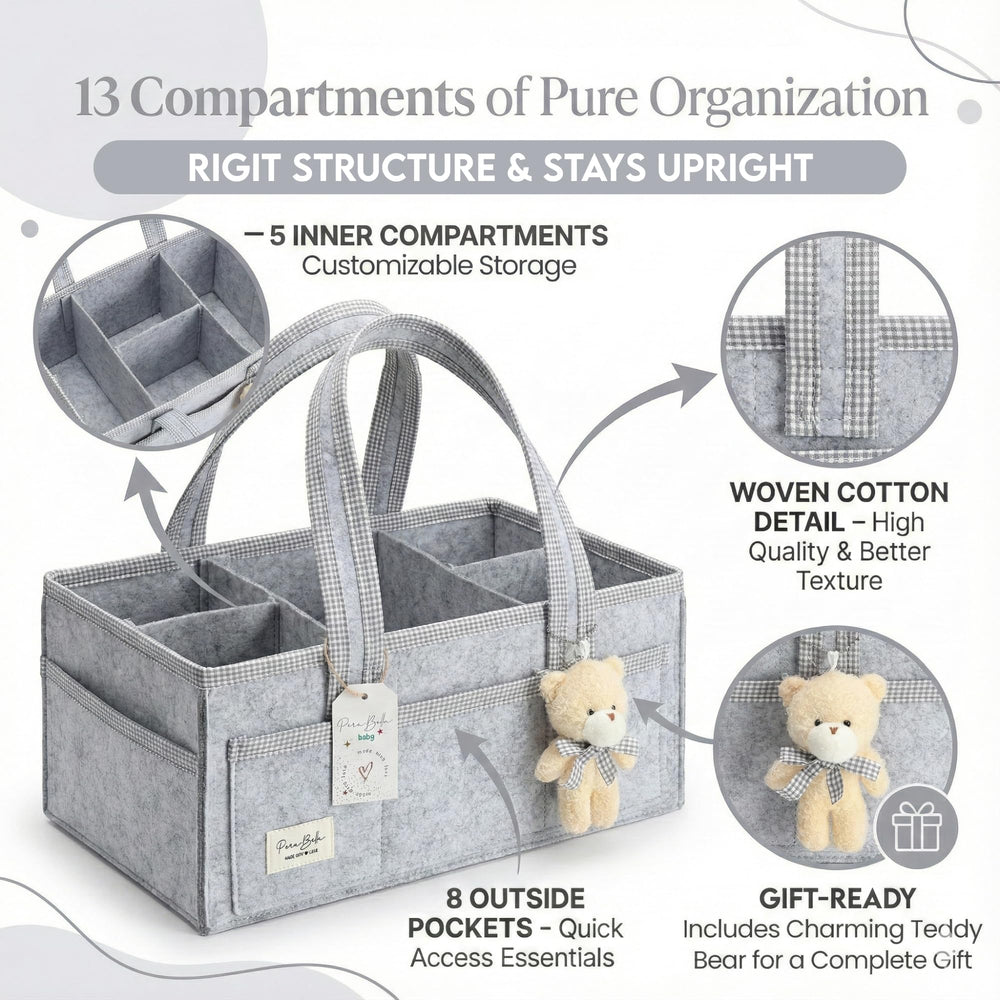 PeraBella diaper caddy showing eight outer pockets for essentials.