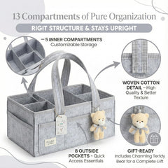 PeraBella diaper caddy showing eight outer pockets for essentials.