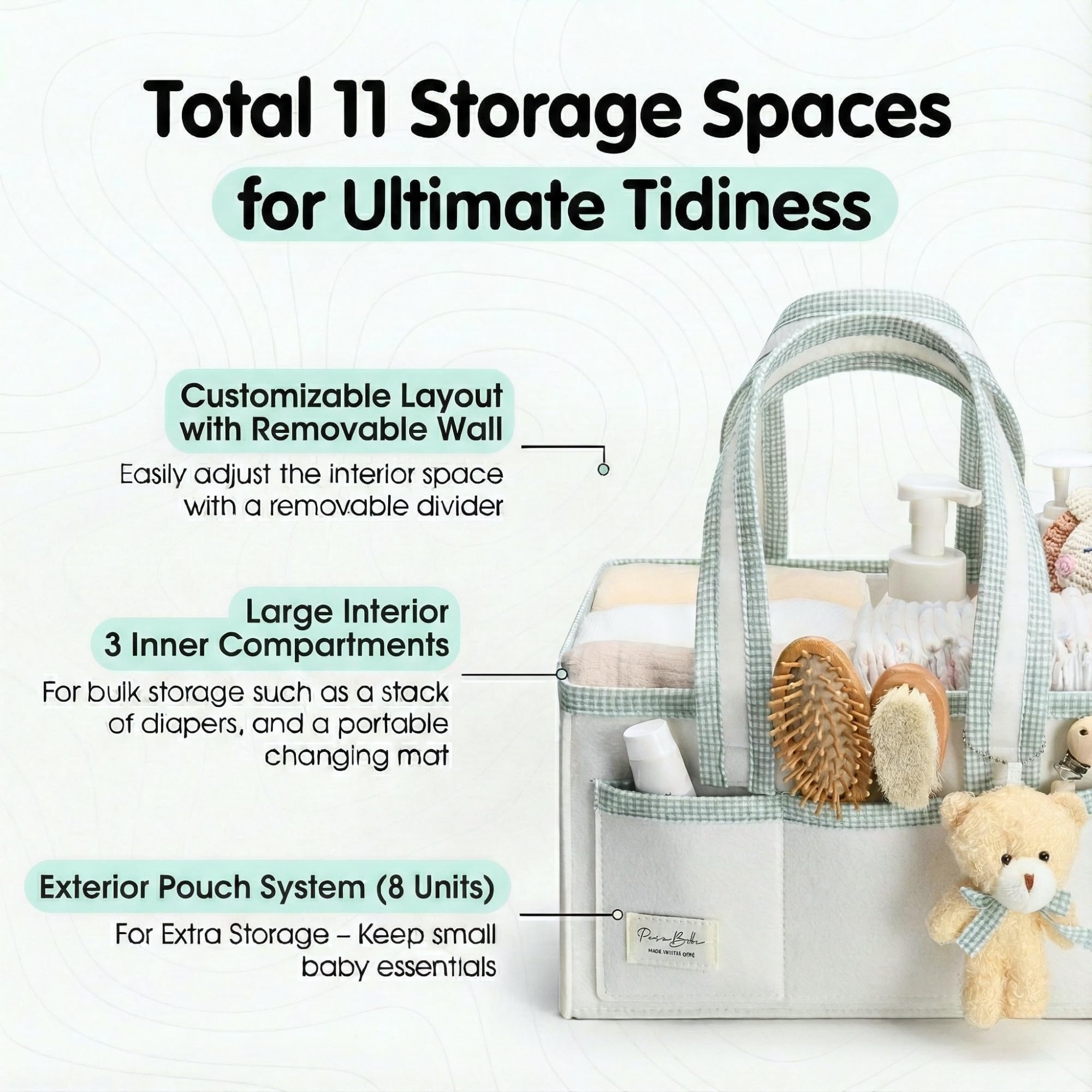 PeraBella Diaper Caddy with eight pockets for diapers, wipes, and baby supplies.
