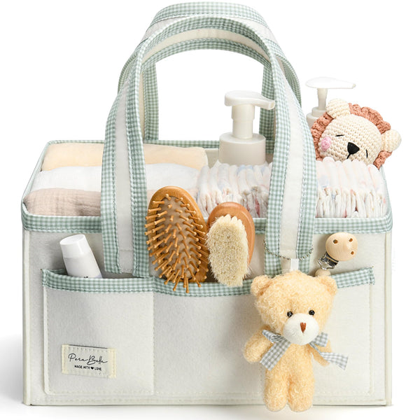 PeraBella Diaper Caddy with Handle keeps nursery essentials organized and portable.