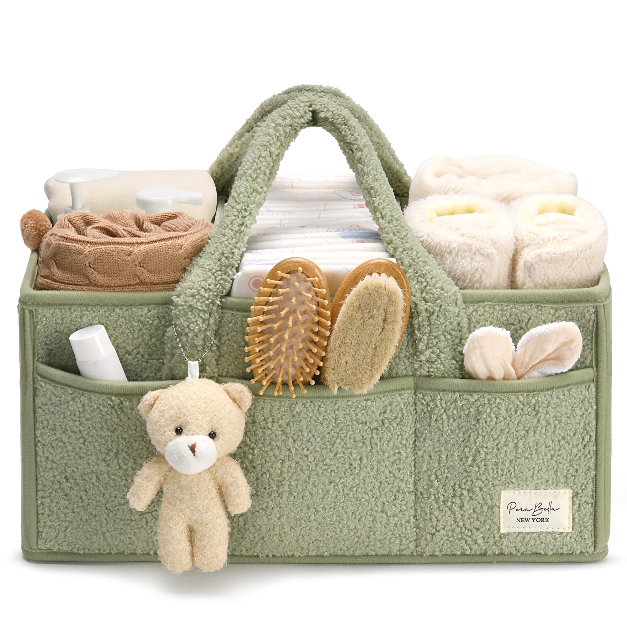 Perabela diaper caddy with plush sherpa exterior for cozy nursery organization.