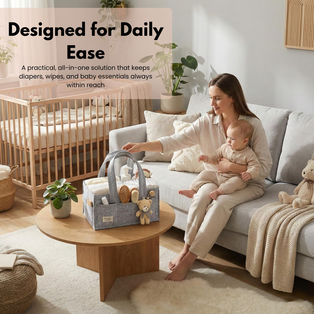 PeraBella teddy bear charm on the diaper caddy adds playful detail.
