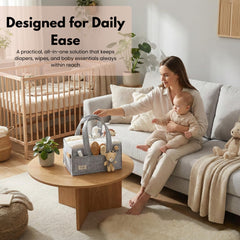 PeraBella teddy bear charm on the diaper caddy adds playful detail.