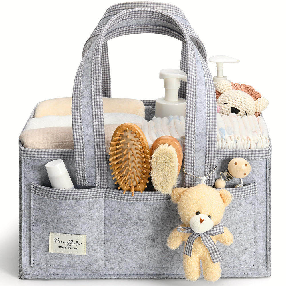 PeraBella diaper caddy with handle for easy nursery transport and organization.