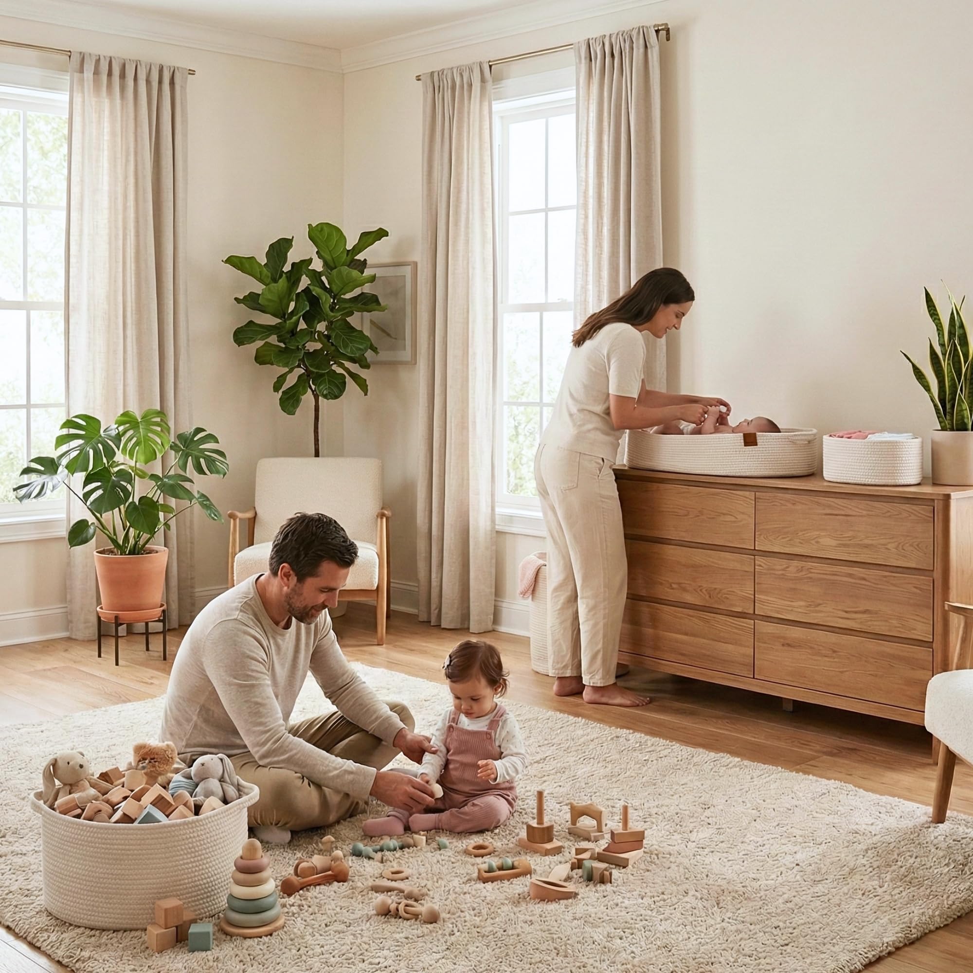 Perabella changing basket on bed, cozy diaper station for on-the-go changes.