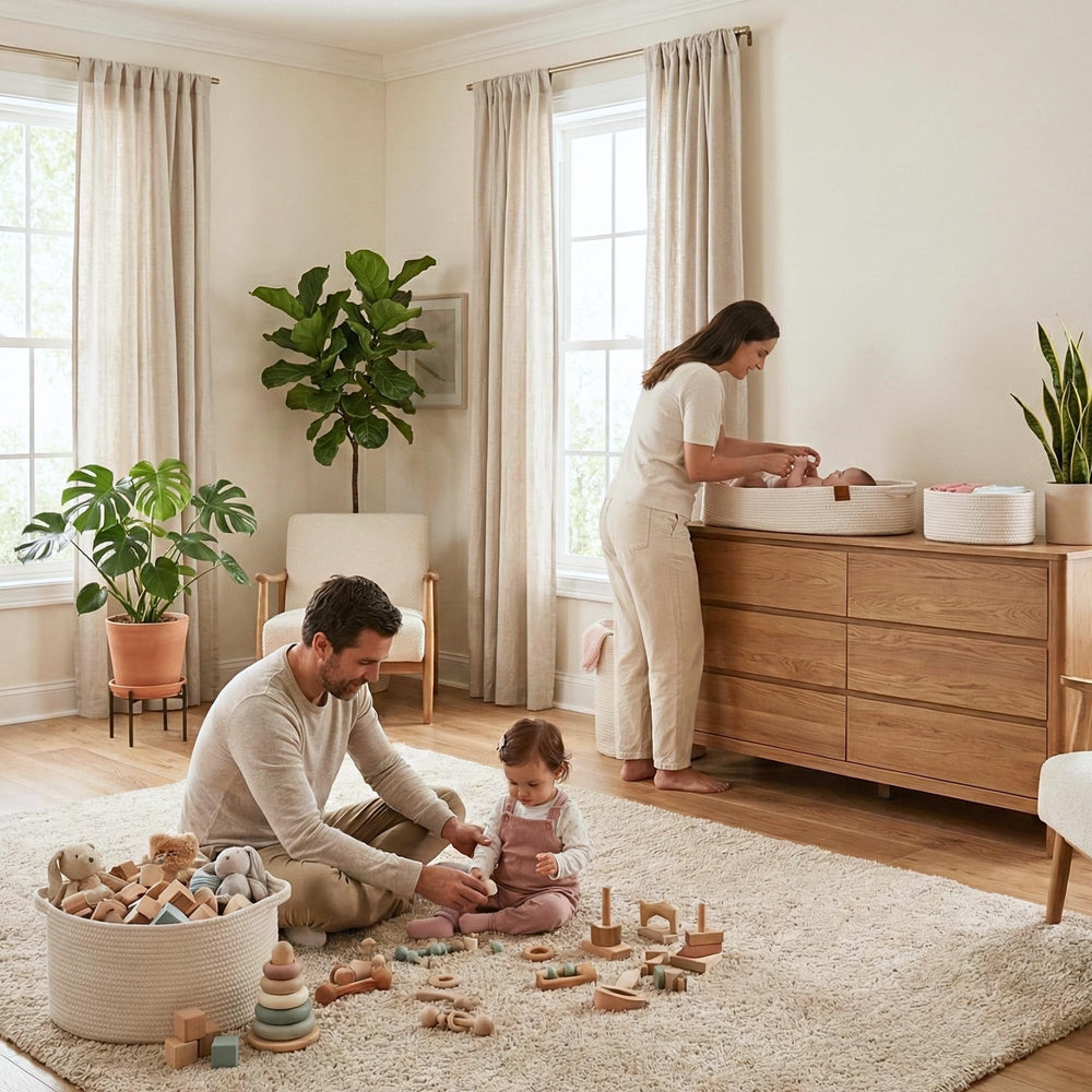 Perabella changing basket on bed, cozy diaper station for on-the-go changes.