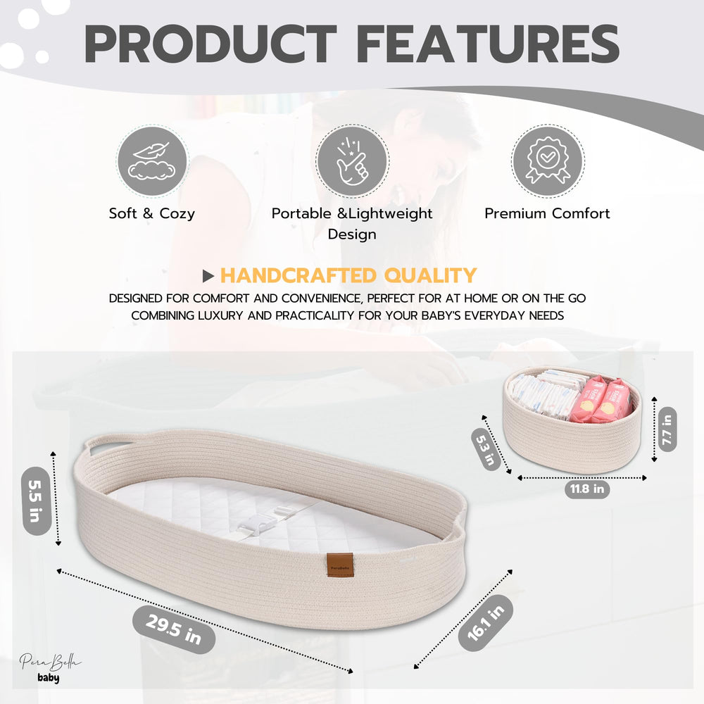 Perabella changing basket with foam pad and waterproof cover for easy cleaning.