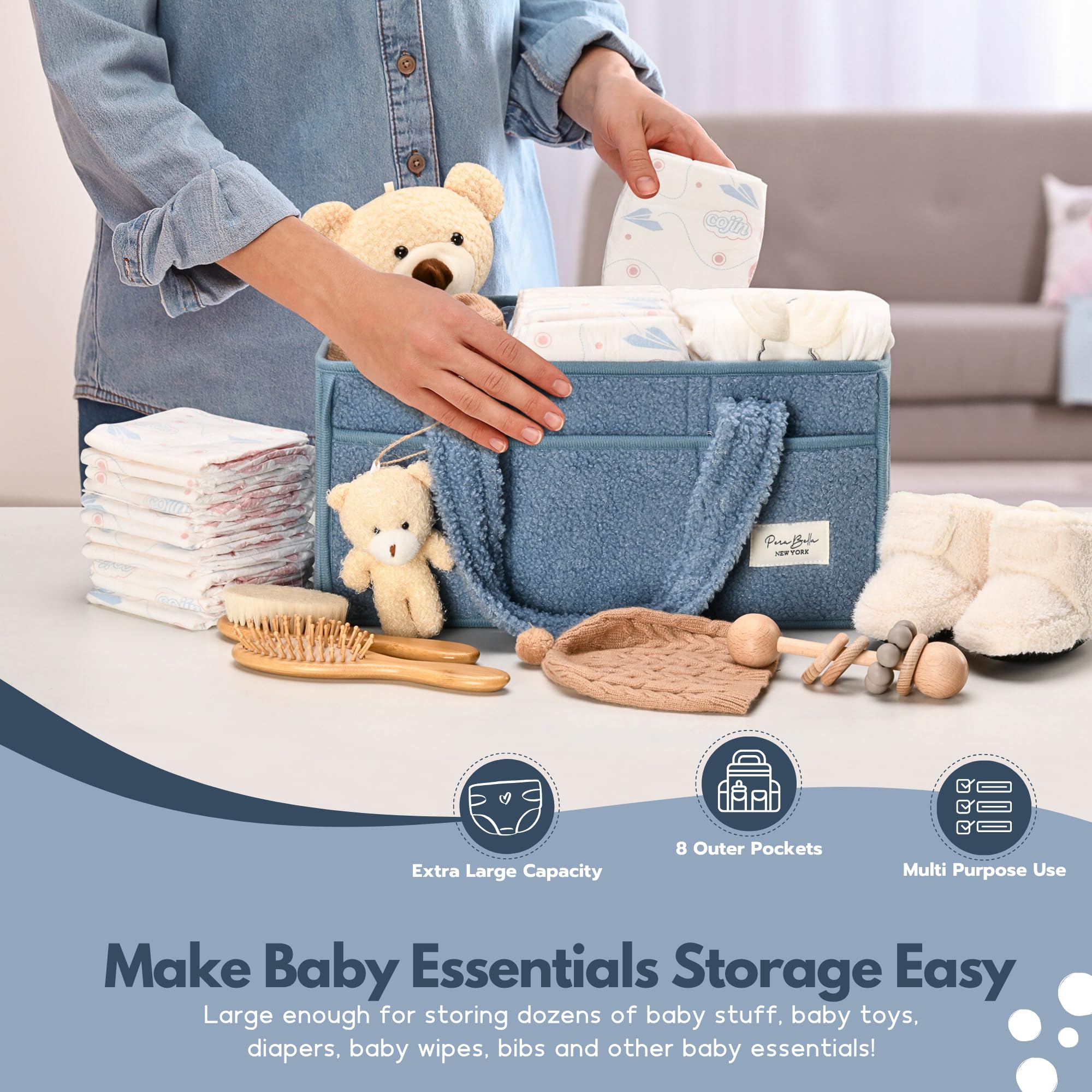 PeraBella nursery storage basket with plush sherpa exterior for cozy, stylish storage.