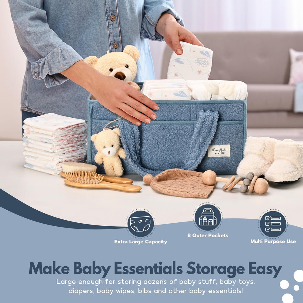 PeraBella nursery storage basket with plush sherpa exterior for cozy, stylish storage.