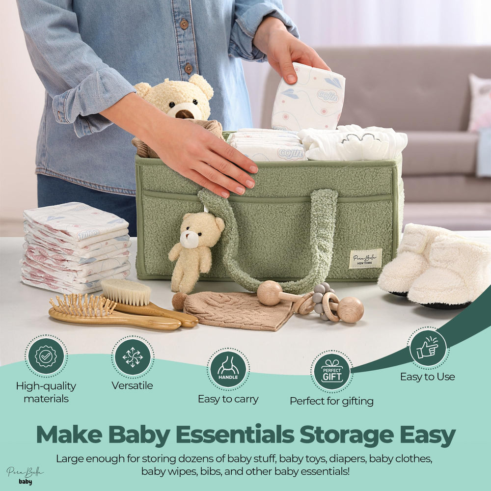 Perabella premium gift diaper caddy, ready for baby showers.