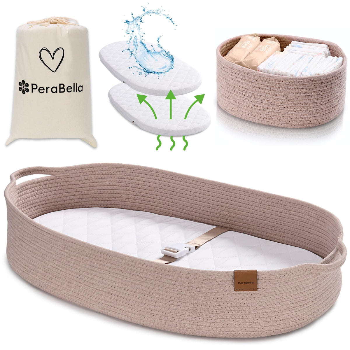 PeraBella XL changing basket on a dresser top enables safe diaper changes anywhere.