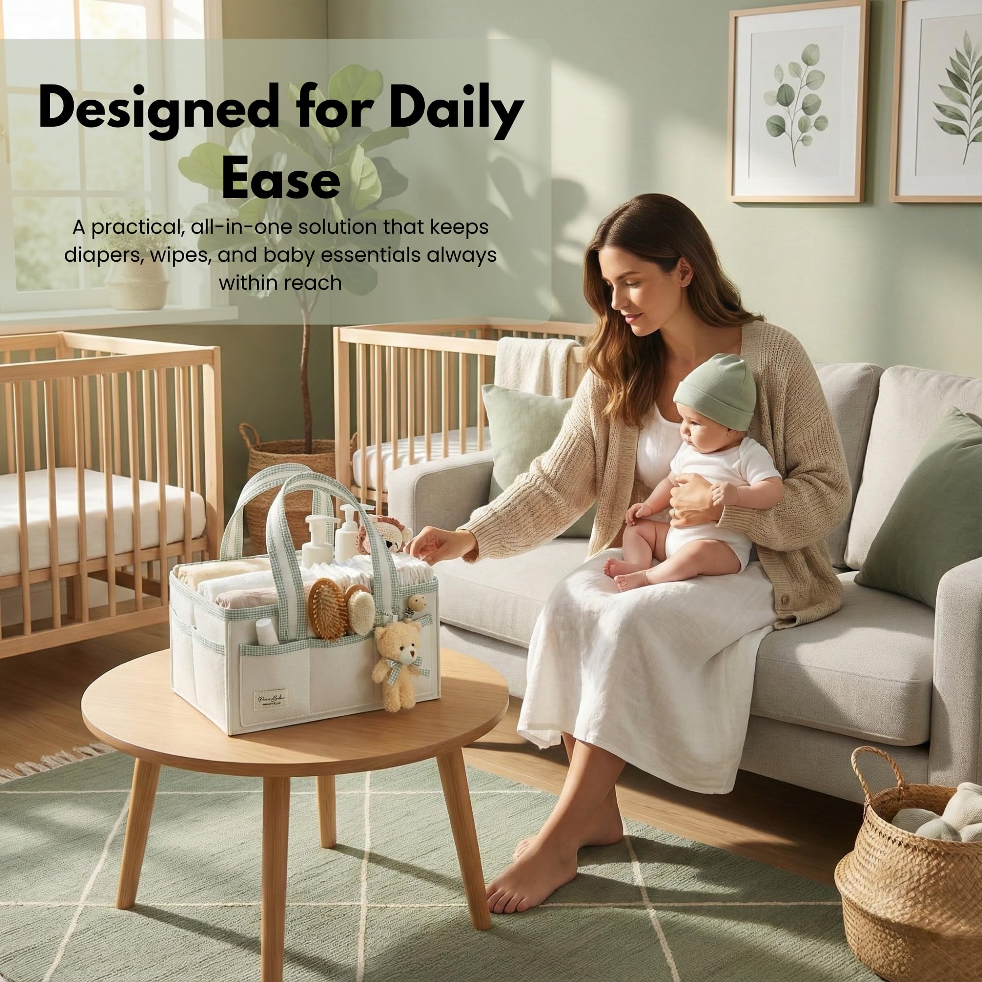 Perabella caddy doubles as bedside changing station for quick diaper changes.