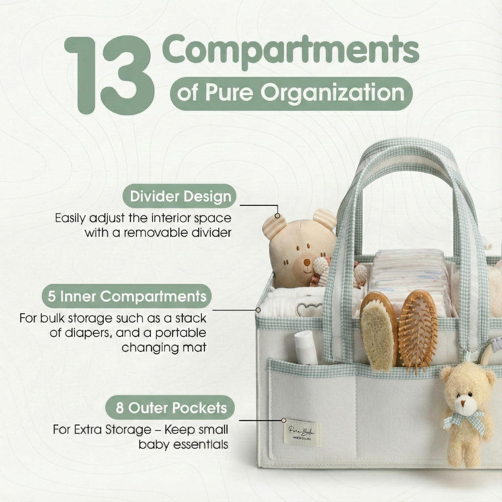 Perabella XL diaper caddy eight outer pockets provide ample storage.