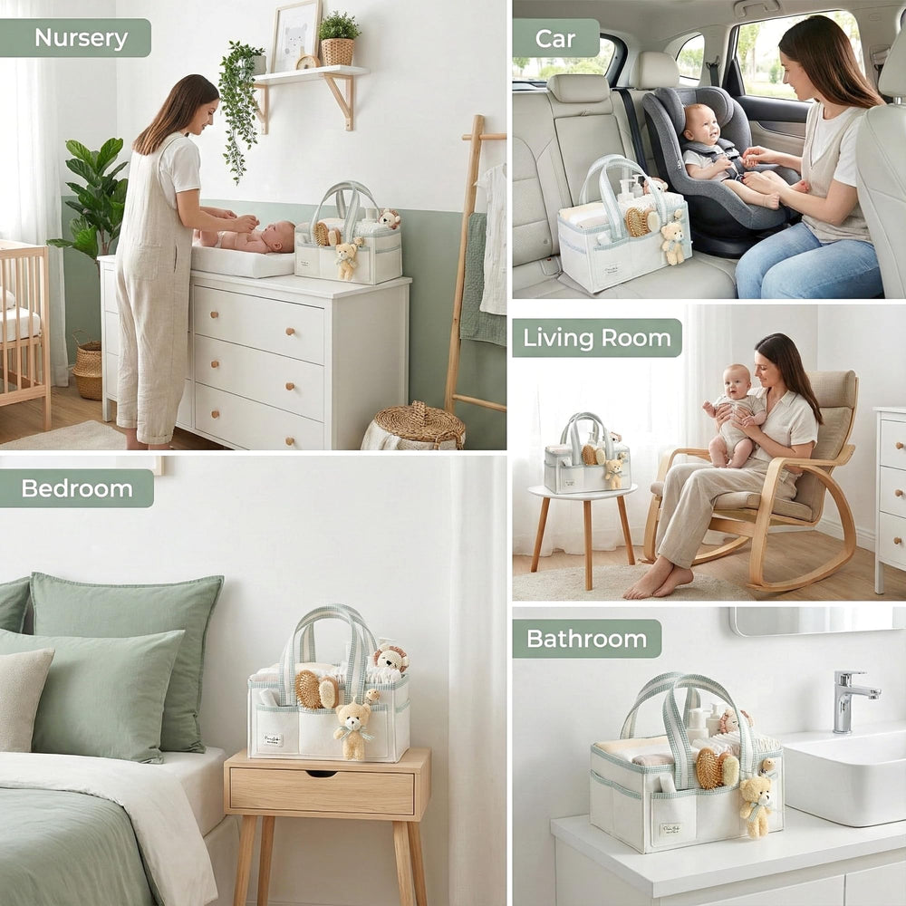 Premium felt exterior of Perabella caddy complements nursery decor.