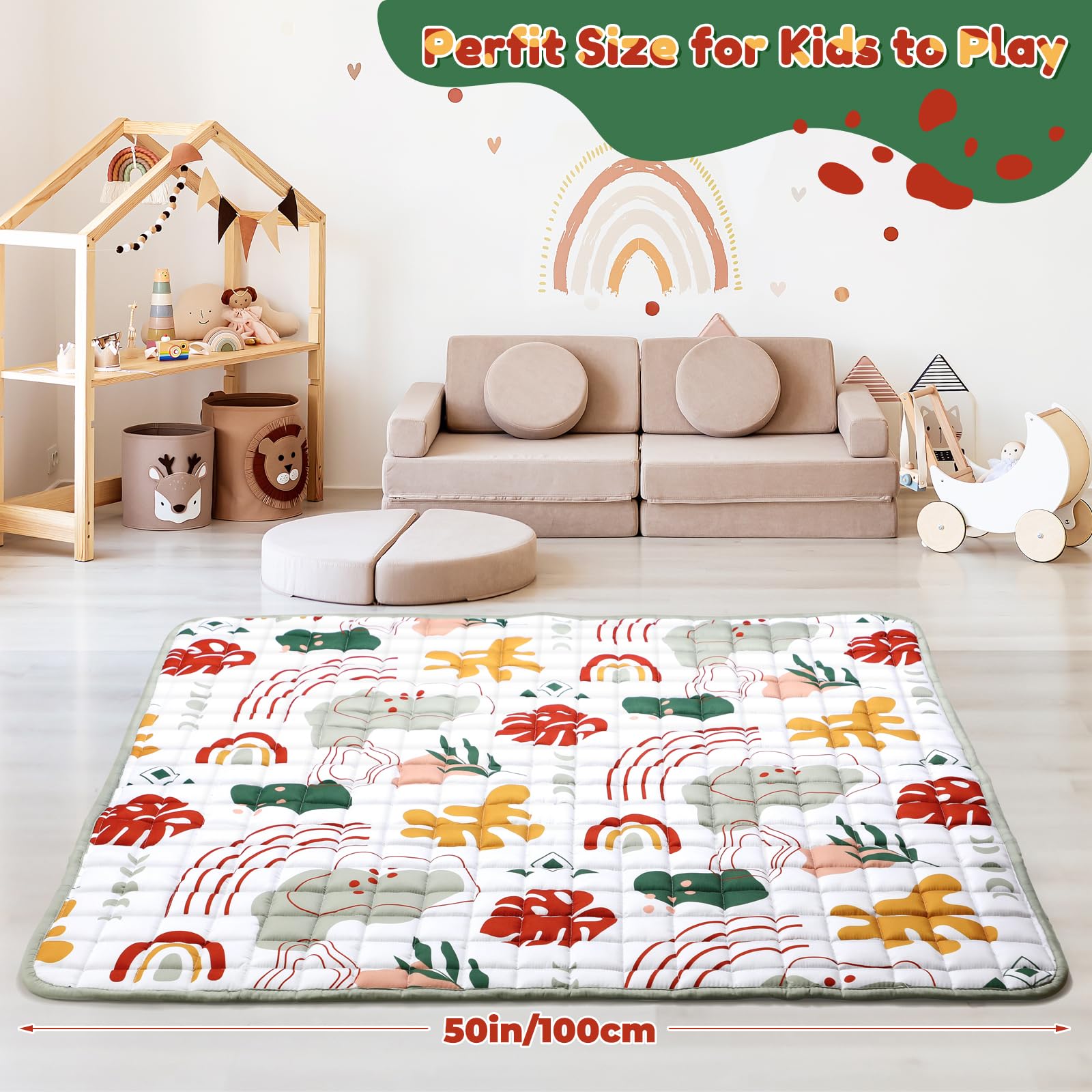 Percozzi boho play mat shows words and shapes for early learning