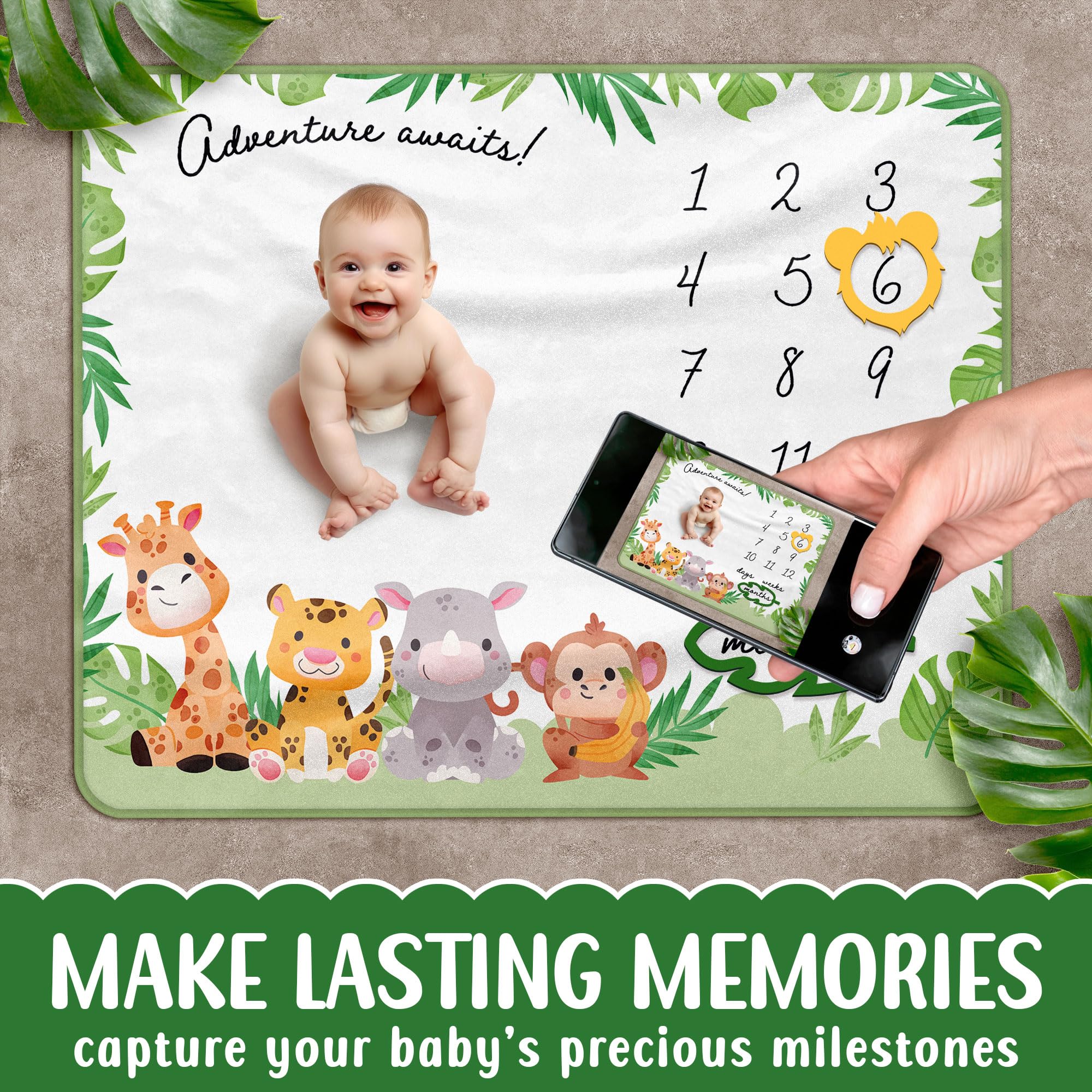 Pereira Store safari milestone blanket featuring animals design for playful newborn photos.