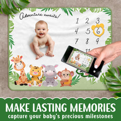 Pereira Store safari milestone blanket featuring animals design for playful newborn photos.