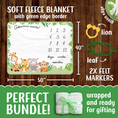 Pereira Store safari milestone blanket with green leaf frame marks weeks and months for baby portraits.
