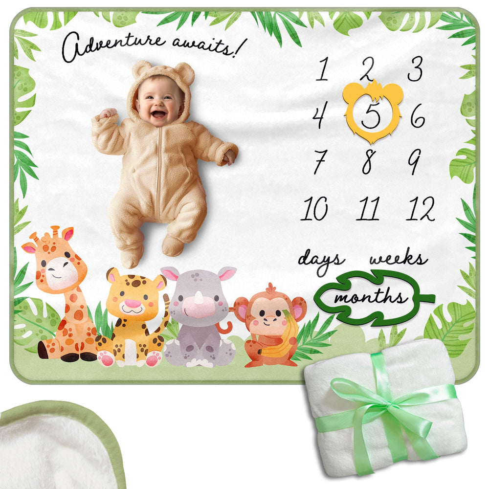 Pereira Store safari milestone blanket with lion frame highlights monthly milestones for newborn photos.