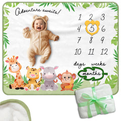Pereira Store safari milestone blanket with lion frame highlights monthly milestones for newborn photos.