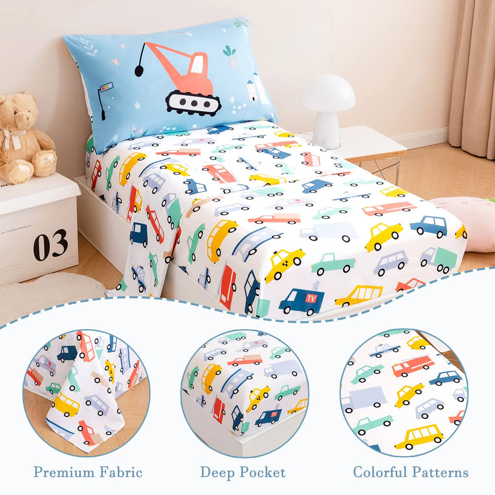 PERFEMET blue vehicles on bedding sparks imaginative bedtime play