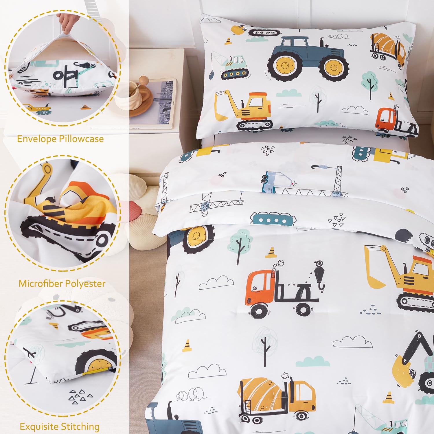 PERFEMET tractor-pattern pillowcase adds soft, machine-washable comfort