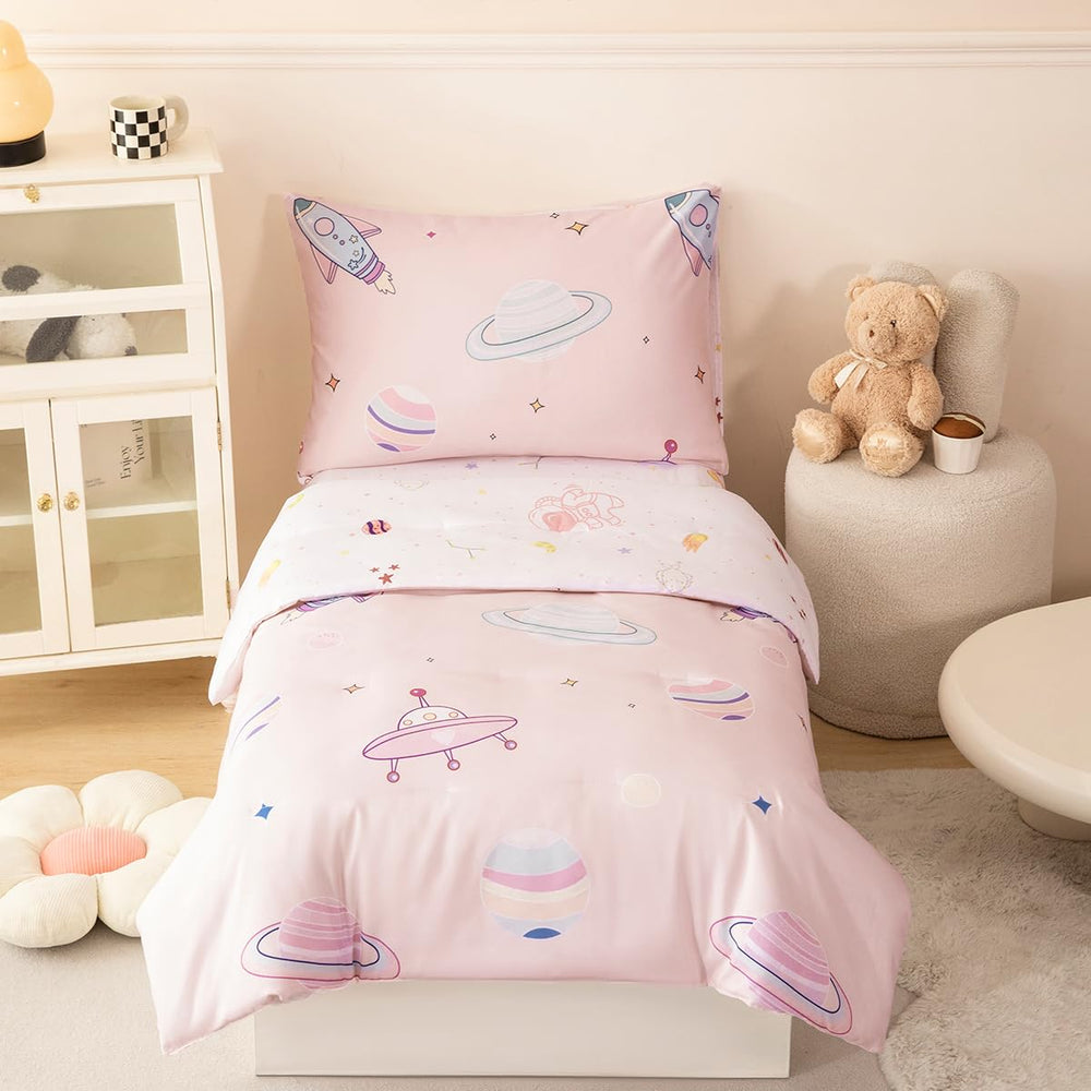 PERFEMET space theme pink toddler comforter for cozy bedtime warmth.