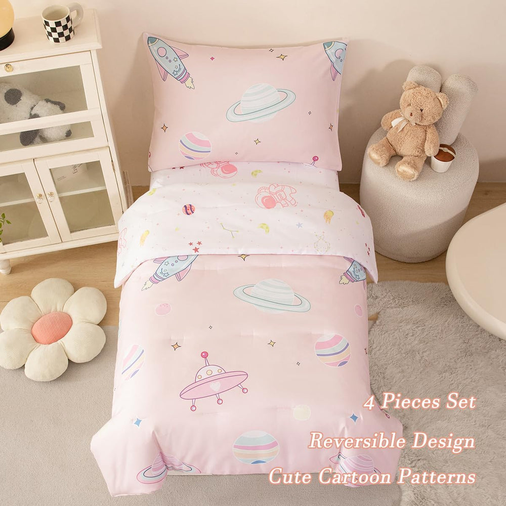 PERFEMET pink space flat sheet showing planets for kid-friendly layering.