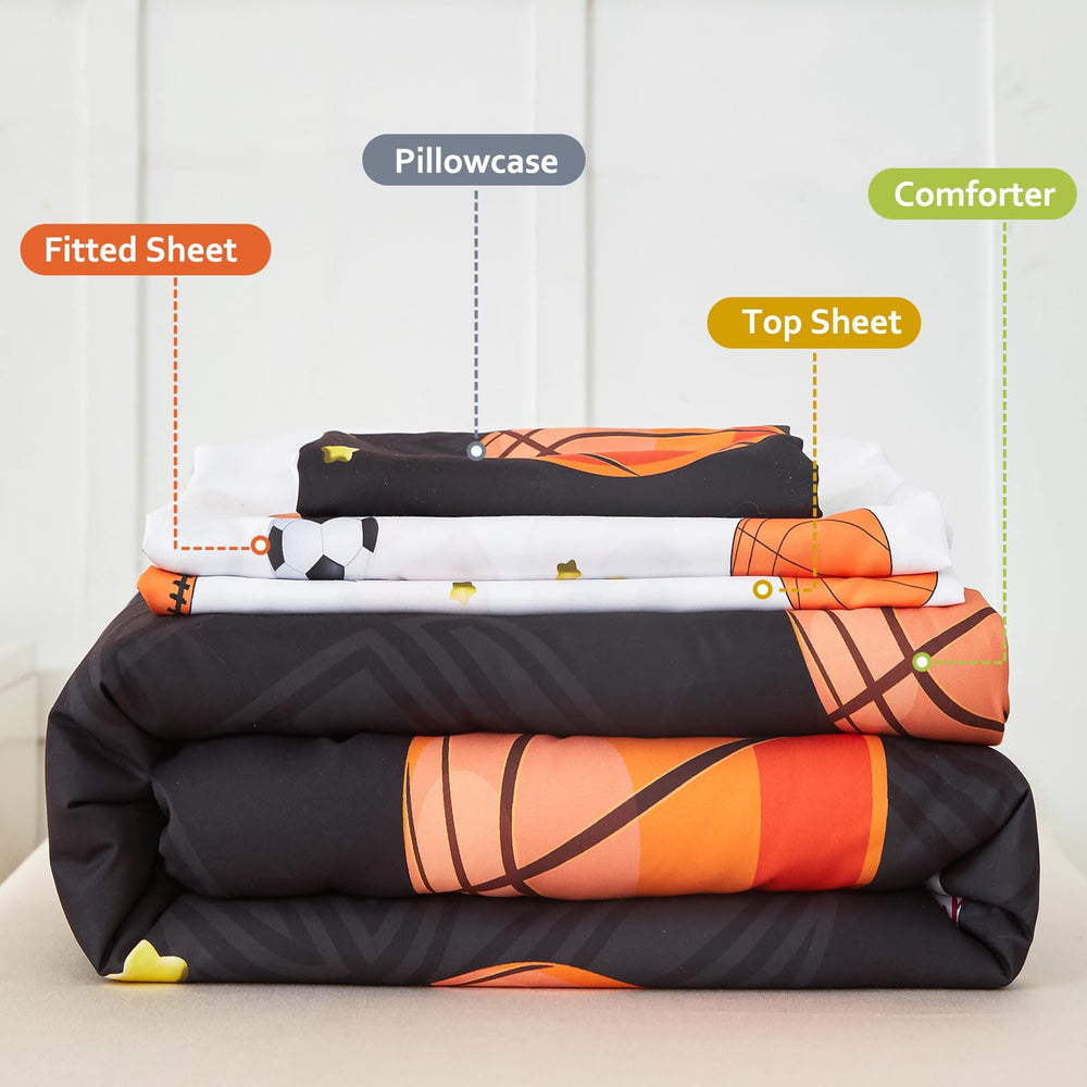 PERFEMET black-ground bedding highlights bold sports patterns for kids' room.