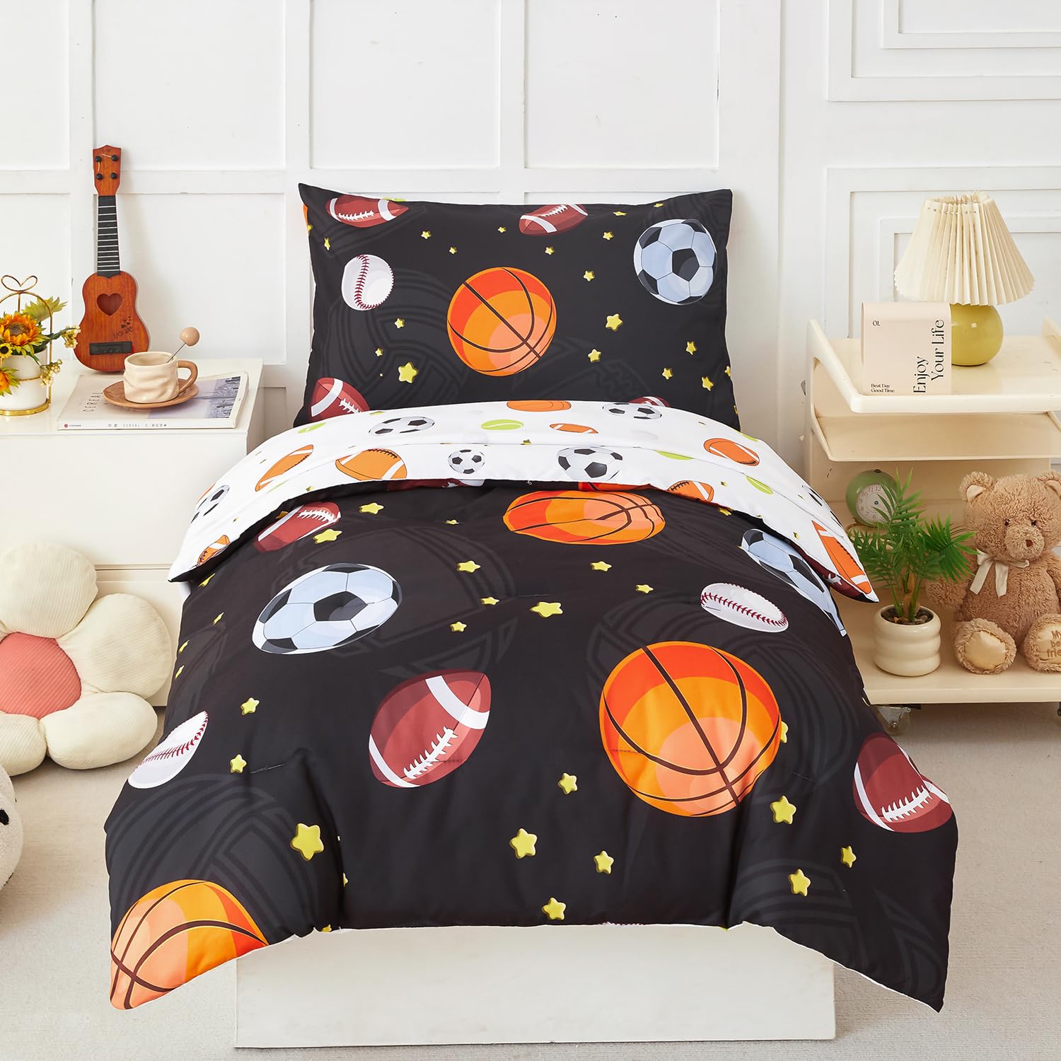 PERFEMET sports theme comforter with basketball print for playful bed setup.