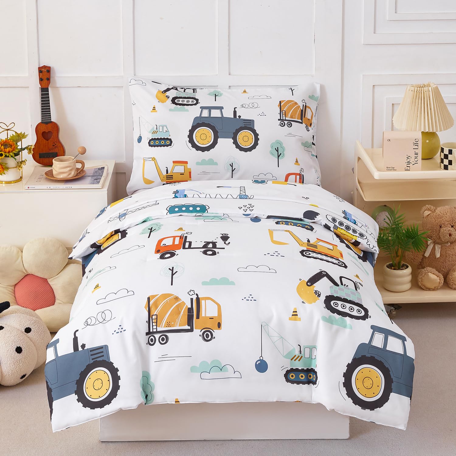 PERFEMET tractor-pattern toddler comforter set on a bed for cozy nights