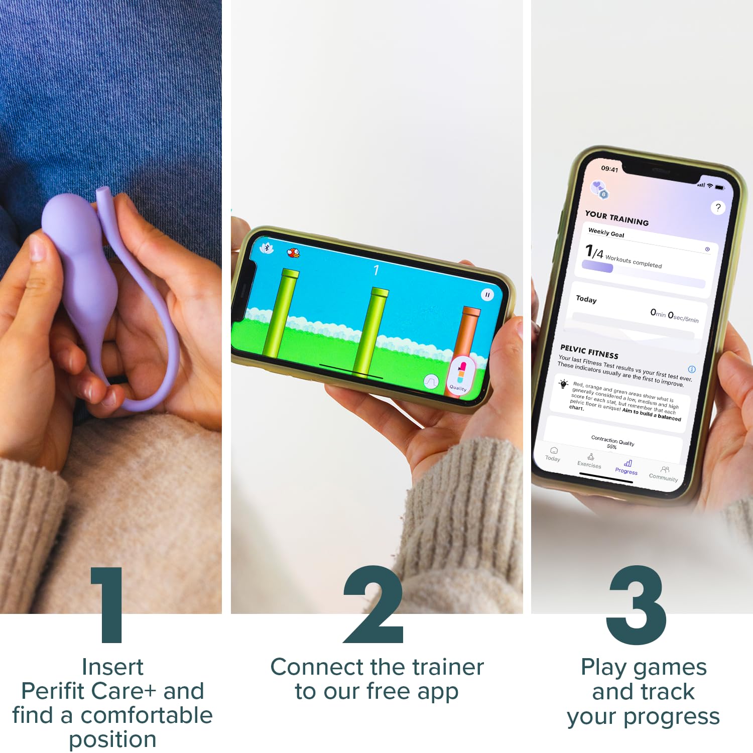 Perifit Care+ screen presents real-time contractions feedback for ongoing adjustments